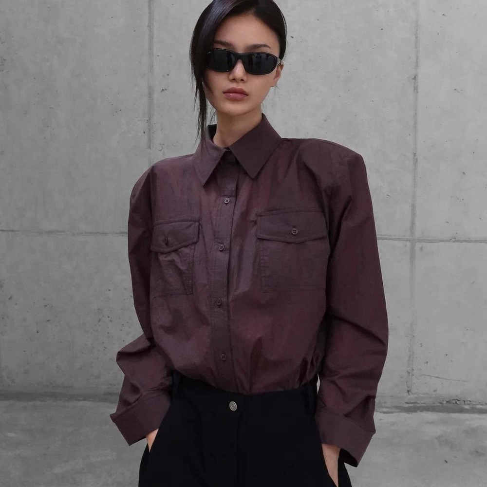 NEW The Frankie Shop Rezay Padded Shirt Burgundy Button Down Size Small
